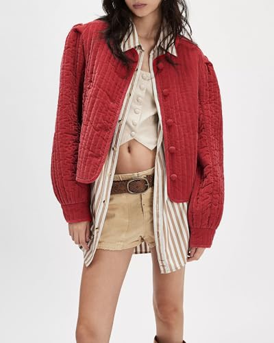 Locachy Women's Vintage Crew Neck Quilted Puffer Jacket Button Down Padded Cropped Fall Winter Outerwear Coat4