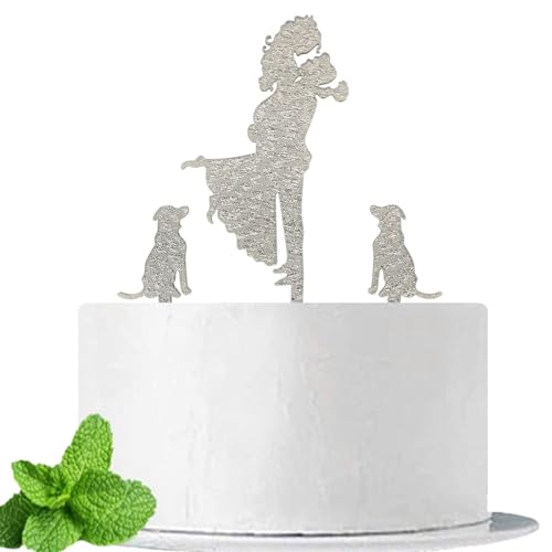 JIEEIN Wedding Cake Topper, Mr and Mrs Cake Topper, Groom Hold Bride with Flowers Besides Two Pet Dogs Silhouette Cake Decorations, Silver Glitter Acrylic