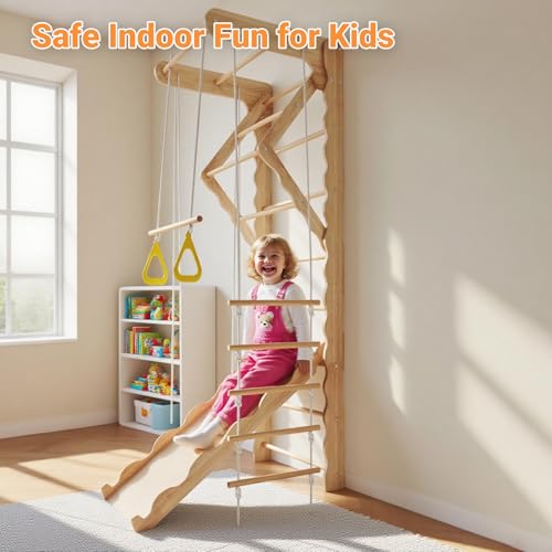 Image of 5-in-1 Wooden Indoor Jungle Gym for Kids, Wall-Mounted Swedish Ladder with Pull-Up Bar, Rings, Swing, and Slide - Montessori-Inspired Kids Playset for Fun & Development, Ages 3-8