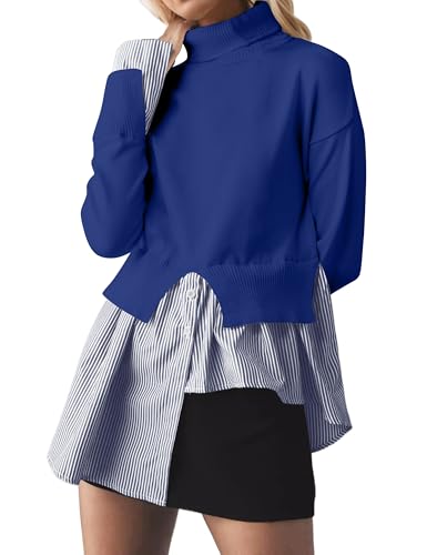 Image of MISSACTIVER Women Slit Turtleneck Patchwork Sweater 2 in 1 Buttons Down Pullover Knit Sweater Asymmetrical Hem Shirt Top