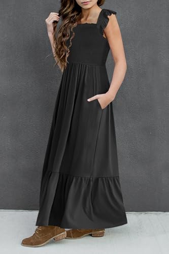 HOSIKA Girls Summer Sundress Casual Sleeveless Smocked Aline Flowy Tiered Maxi Boho Beach Dress with Pockets 6-12Y4