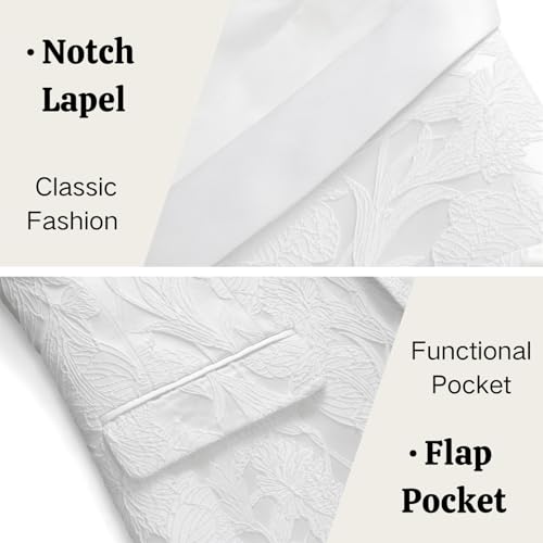 UNINUKOO Mens Suits 3 Piece 1 Button Prom Floral Wedding Shawl Lapel Casual Tuxedo Suit Set US Size 44 White Flower3