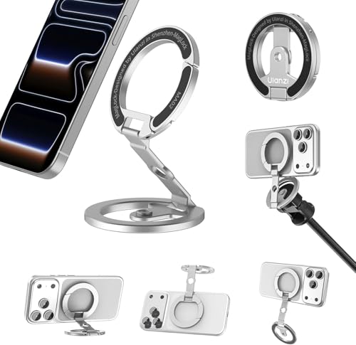 Image of ULANZI MA02 Dual Magnetic Ring Phone Grip Stand, Aluminum for MagSafe Gym Kickstand Compatible with iPhone 17-12 Series, Foldable Phone Tripod Mount with 1 /4 inch Screw for Live Streaming Vlog, Silver