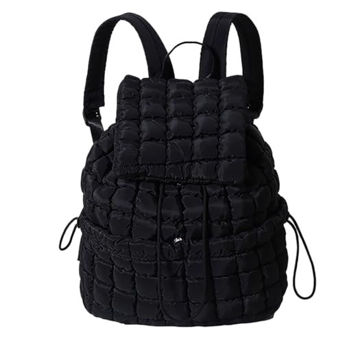 OWGSEE Quilted Backpack For Women Lightweight Trendy Puffer Cotton Top Flap Drawstring Backpack Travel Cloud Gym Bag (Black)