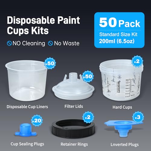 Image of Disposable Paint Cups for Spray Gun, Paint System for HVLP and LVLP Paint Spray Paint Gun, 6.5 Ounce (200ml) Kit with 50 Cups and Lids System, 2 Hard Cups with Retainer Ring, 20 Plugs, 3 Mixing Sticks