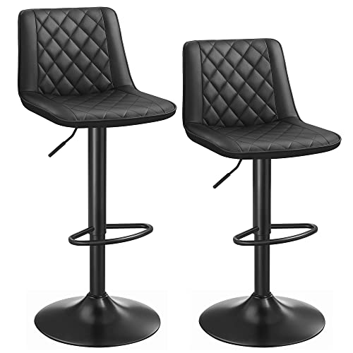 SONGMICS Lot de 2 Chaises de bar, Tabourets hauts, Siège de cuisine, hauteur réglable, avec dossier et siège rembourré, repose-pieds en métal, surface matelassée en PU, charge 120 kg, Noir LJB073B01