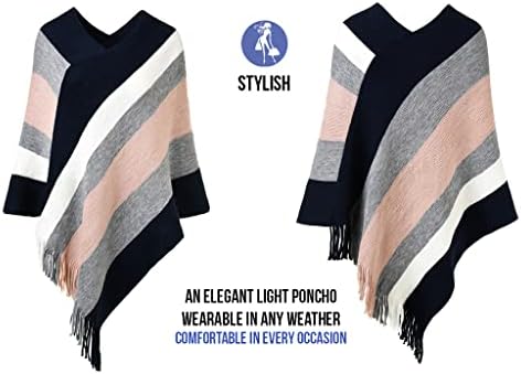 Ferand Gestreepte poncho voor dames, zachte omslagdoek met franjes, Zwart, One size
