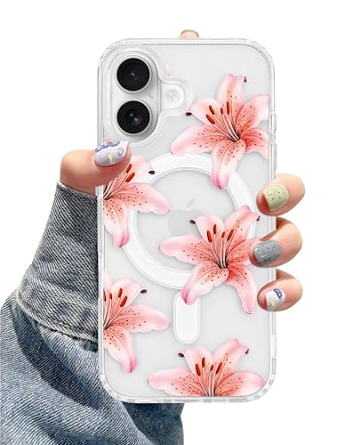 Aitipy Lily Phone Case for iPhone 17, Compatible with MagSafe, Cute Clear TPU Slim Shockproof Protective Phone Cover for Women Girls, Pink Lily