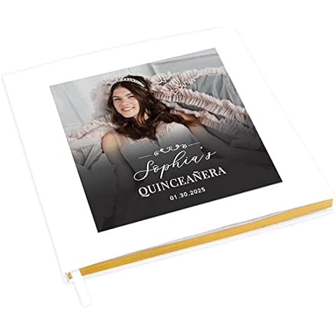 Andaz Press Personalized Quinceañera Guest Book with Gold Accents, Custom Photo Art Deco 120 Pages 8.5"x8.5" Hard Cover Photo Album for Mis Quince Años XV Sweet 15th Birthday Decorations, 1-Pack Cover