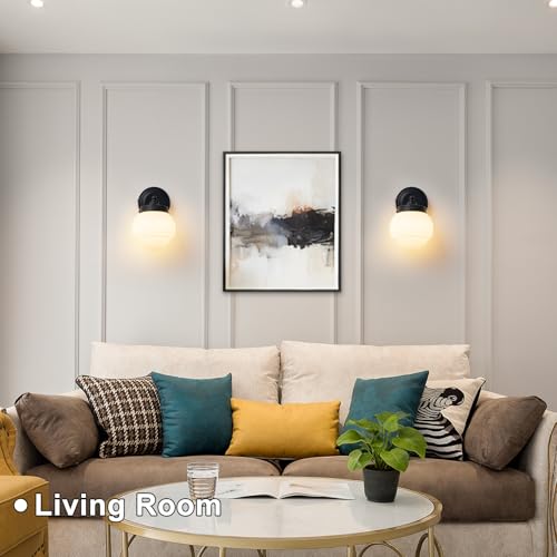 Image of Wall Sconces Set of 2 for Bathroom Black Vanity Light Fixture Modern wall lamp with White Glass for Bedroom Living Room Hallway Mirror Kitchen (Hardwired, E26)