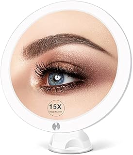 15X Lighted Magnifying Mirror with Lights - Large 8 Inch Makeup Mirrors with Suction Cups and Magnification for Bathrooom, Dual Power Supply, Adjustable Lighting, Light Up Magnified Mirror