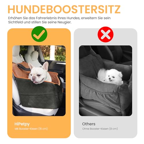 HiPetpy Hunde Autositz –Autositz mit Decke & dickem Kissen für kleine Hunde bis 14 kg/30 lb, Erhöhtes Design mit Sicherheitsleine, rutschfestes Hundebett fürs Auto mit Aufbewahrungstaschen (Braun)