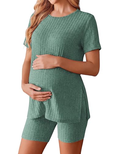 Image of Ekouaer Maternity Sets 2 Piece Outfits Ribbed Knit Short Sleeve Shirts and Biker Shorts Pregnancy Loungewear Mama Clothes