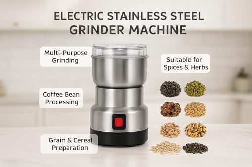 Image of Drumstone 𝟱 𝗬𝗲𝗮𝗿 𝗪𝗮𝗿𝗿𝗮𝗻𝘁𝘆 Domestic Stainless Steel Mixer Grinder for Coffee, Dry Spices, Herbs, Nuts & Grains | High-Speed Electric Grinding Machine | Multipurpose Kitchen Grinder|Silver