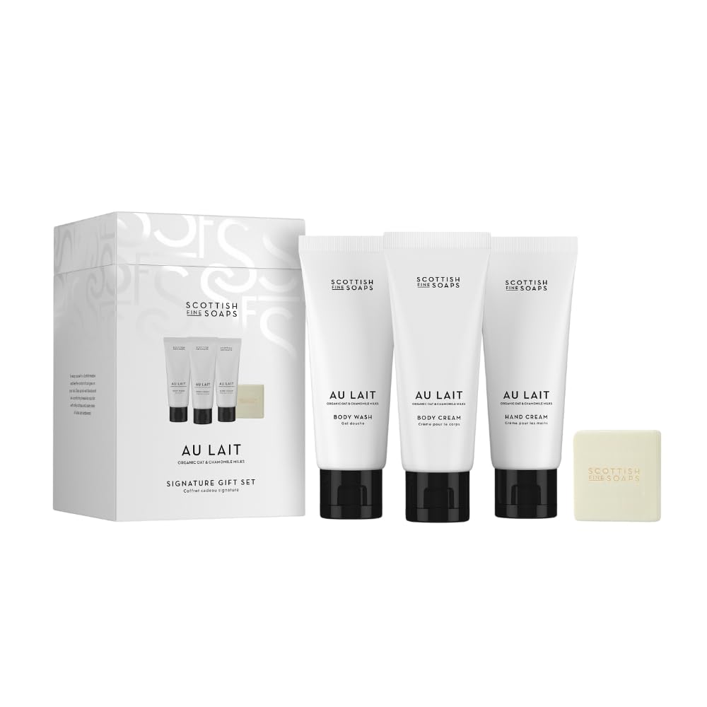 Scottish Fine Soaps Au Lait Signature Gift Set – Includes Exfoliating Body Wash, Body Cream, Hand Cream and Cleansing Soap Bar