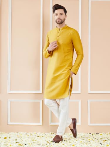Image of See Designs Men Full Sleeve Sleeve Side Slit Mandarin Collar Cotton Solid Straight Kurta with Pyjama