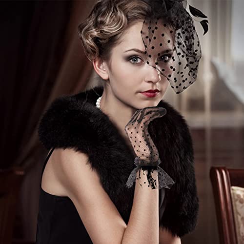 Yolev Fascinator Hat Faux Feather Mesh Veil Hat Short Lace Glove 50S Costume Accessories For Women Wedding (Spotted) Black #TOP4