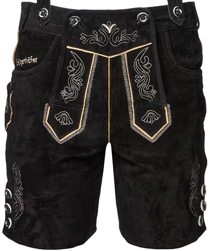 STEIGENHÖFER Lederhose Herren Tracht kurz - Anton - Trachtenhose mit Trägern - 100% Rindsleder - Traditionelle Echtlederhose - Ideal für Dein Oktoberfest Herren Outfit - Schwarz - 52