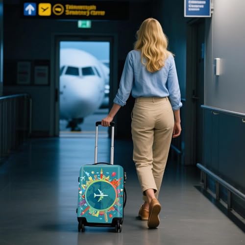 Image of TOURISTIANO Travel Luggage Cover with World Landmarks and Airplane DesignPrint - Teal | Elastic Stretchable Suitcase Protector | Anti-Scratch Dustproof Cover (Airplane Print, Medium)