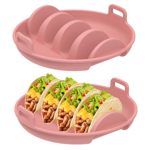 Fyeme Porta taco 2 pezzi silicone 4 scanalature resistente alle alte temperature con maniglie, forno a microonde, friggitrice ad aria calda per panini, salsicce, tortillas (rosa)
