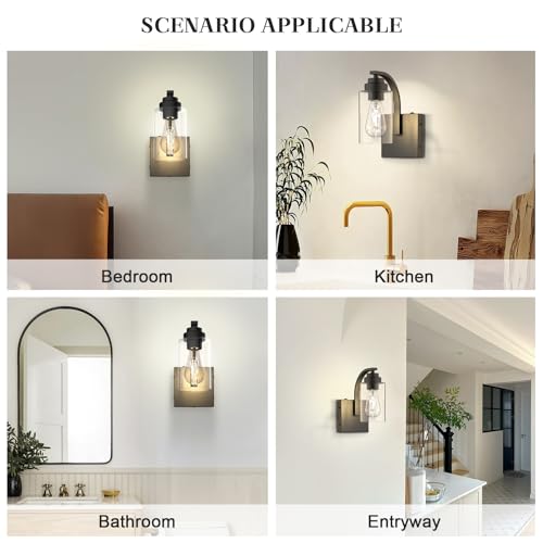 Image of Battery Operated Wall Sconce Set of 2 with Remote Control, Rechargeable Wireless Led Glass Wall Lamp Indoor, Cordless Wall Light Fixtures Wall Mount for Bedroom Bathroom Hallway Farmhouse, Black