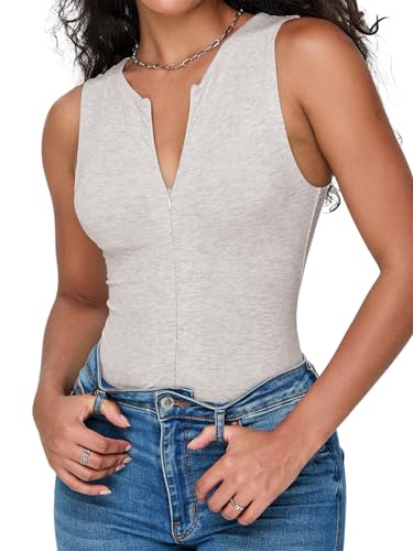 Image of iGENJUN Women's Bodysuit Tops Sleeveless Invisible Zip Up Crew Neck Body suit, Heather Grey, Large