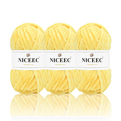 Niceec 3 Skeins Soft Chenille Yarn Blanket Yarn For Knitting Fancy Yarn For Crochet Weaving Diy Craft Total Length 3×85M (3×93Yds, 3×50G)_Yellow #TOP22
