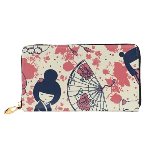 Leather Wallet For Women And Men Kokeshi Dolls Maneki Pattern Clutch Purse Wristlet Bag Credit Card Holder Wallet