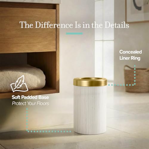 Image of Gatco Small Bathroom Trash Can with Lid, Round 3 Gallon Stainless Steel Wastebasket, Under Sink, Matte Pearl and Brushed Brass, for Bathroom, Bedroom, Office (1931B)