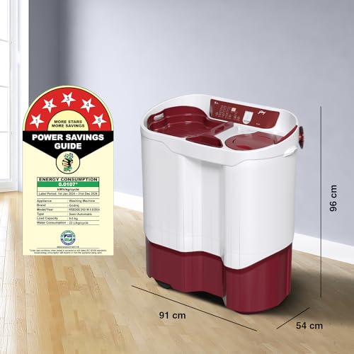 Image of Godrej 9 Kg 5 Star Semi-Automatic Top Load Washing Machine Appliance, More Than 99.99% Disinfection Against Viruses (WSEDGE DIGI 90 5.0 PB2 M WNRD, Wine Red)