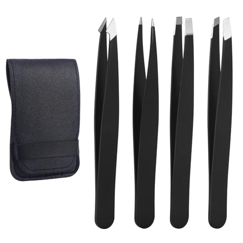 Mynoozi 4 Stück Professionelle Pinzetten Set Edelstahl, Schwarz Augenbrauenpinzette Set mit Lederetui zum Zupfen von Augenbrauen, Barthaaren oder kleinen Härchen für Damen und Herren-Schwarz