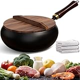 Japanese Cast Iron Wok Pan - Uncoated Healthy Cooking Pot with Lid, Hand Hammered Non Stick Frying Pans Made in Japan(Hand-Hammered+Wood Lid,9.5'')