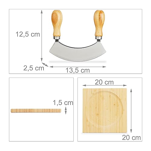 Foto von Relaxdays Wiegemesser mit Brett, Bambus & Edelstahl, zweischneidiges Kräutermesser, Kräuterbrett 20x20 cm, natur/silber