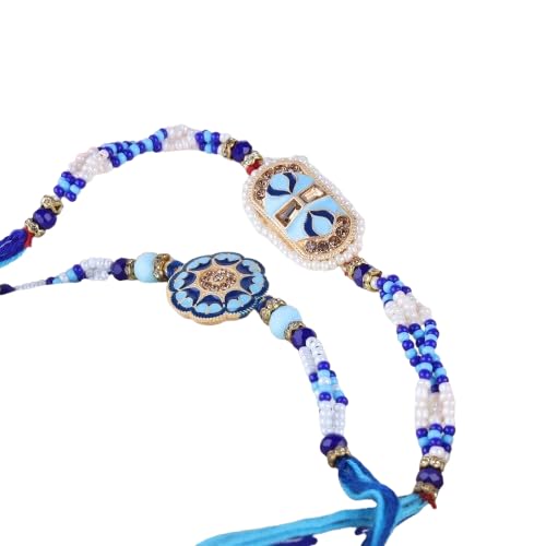 Image of Traditional Handmade Beaded Rakhi For Raksha Bandhan| Hand Bracelet For Brother| Wrist Band For Bhaiya & Bhabhi | Trendy Combination Designs Protective Thread Combo-Set Of 2