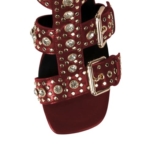 FSJ Women Rhinestone Calf High Strappy Gladiator Sandal Low Kitten Heel Open Toe Cutout Buckles Back Zipper Comfortable Fashion Street Dress Shoes Size 4-16 US4