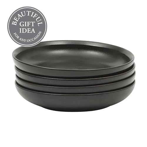 Image of Gibson Elite Beckett 4-Piece 9 Inch Dinner Plate Bowl Set - Reactive Glaze Stoneware - Shallow Serving Pasta Bowls (Blate) - Round Wide-Rim Design - Microwave & Dishwasher Safe - Black