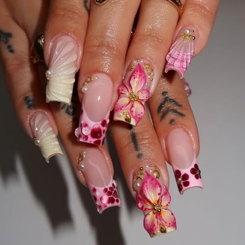 24Pcs Summer Press on Nails Medium Square Fake Nails with Pearl R...