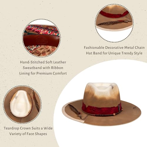 Image of RUEDIGER Vintage Wide Brim Fedora Hats 100% Wool Stiff Felt Hat Rancher Hat with Lightning Logo Handmade Distressed /Burned