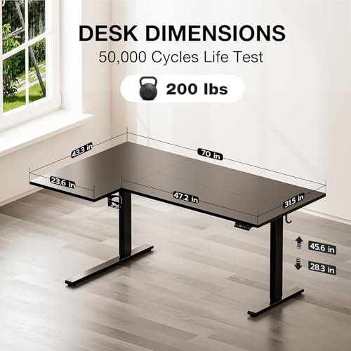 Image of Muvai L Shaped Standing Desk with Cable Management Tray, 71 Inch Height Adjustable Electric Standing Corner Desk, Sit Stand Up Table for Home Office with Reversible Splice Board,Black