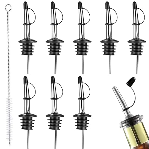 CATOR Vertidores de acero inoxidable, paquete de 8 vertidores de botellas clásicos pico cónico con tapas antipolvo de goma, escanciador de sidra, adecuados para verter licor, vinagre