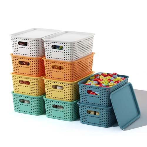 ORGIDOL Plastic Storage Basket with Lids 10 Pack Stackable Colorful Storage Bins Containers with Lid, Decorative Storage Boxes for Organizing Shelves, Drawers, Playroom, Classroom, Office, Closet
