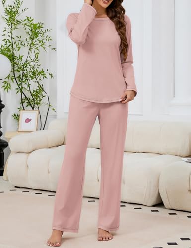 Image of KCW Womens Pajamas Sets 100% Cotton 2 Piece Lounge Set Long Sleeve Tops and Pants Soft Pjs Sleepwear with Pockets