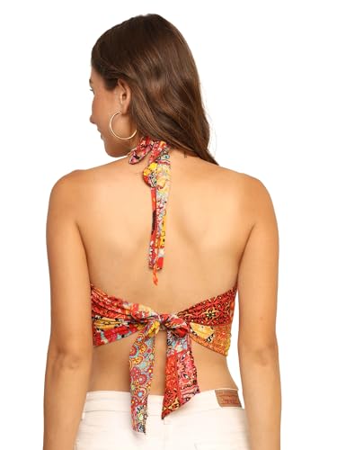 Image of KE KANHA EXPORTS Halter Neck Wrap Top|top for Women|Backless Tops for Women|Halter Neck Tops|Adjustable wrap Waist|Boho Beach Border Print|Easily fits S-M|Bust30-36Inch|LengthUpTo 18Inch