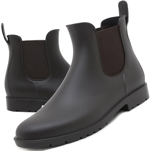 Acfoda Kurze Damen Gummistiefel Herren Regenstiefel Wasserdicht Lack Regen Schuhe Ankle Chelsea Boots Gummi Stiefel mit Blockabsatz Braun Gr.38
