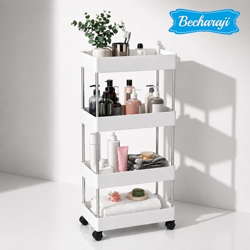 Image of Multipurpose 4-Tier Plastic Storage Rack with Wheels - Slim Organizer Shelf for Kitchen, Bathroom, Office & Home Use (White)