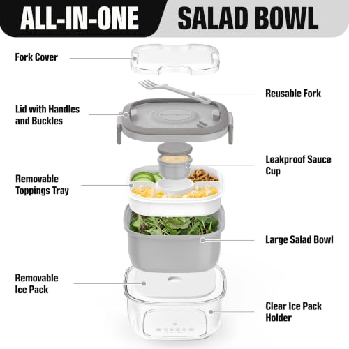 Image of Salad Container with Ice Pack & Handle, 6.8 Cup / 1600ml Large Portable Salad Bowl Lunch Box with Lid, Fork Holder & Sauce Cup, 4-Compartment Removable Tray Meal Prep Bento Box, Gray