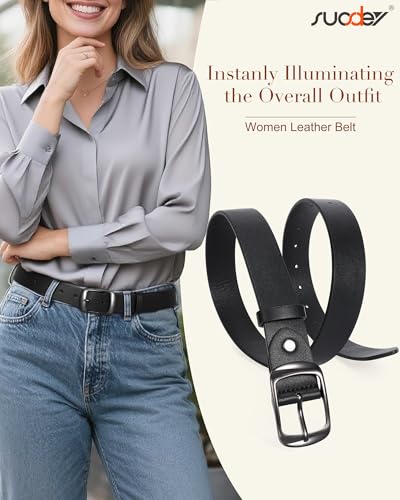 Image of Leather Cowhide Belts for Women Black Belt Women Leather Waist Belt with Pin Buckle Women Vintage Retro Belts for Jeans Dress Pants,black,25-30