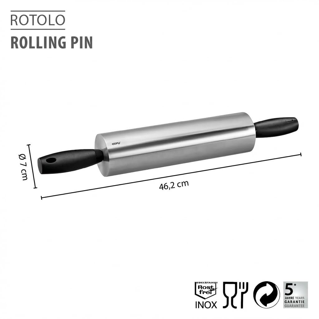 GEFU ROTOLO Rodillo de amasar | Acero inoxidable y rodamientos de bolas | Para galletas, pizza, fondant y pasteles | Ergonómico e higiénico