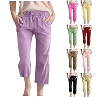 WOXIHUAN 3/4 Pantaloni Donna Coulisse Baggy Pantalone Cotone e Lino Capri Estivi Leggeri Pantaloncini con Tasche Leggings Elastici Traspiranti Pinocchietti Vita Alta Leggins da Escursionismo