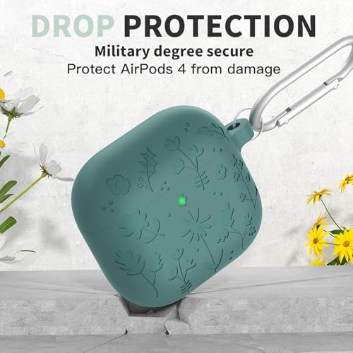 Image of New Engraved Soft Silicone Case Compatible with Apple AirPods 4 Generation (2024) with Keychain, Full 360 Protection Dust-Proof Shockproof Case Cover (Cover Only) (Forest Green)